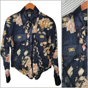 Vintage Chiffon Floral Top Semi-sheer Rose Romantic Black Satin Medium Large Alt